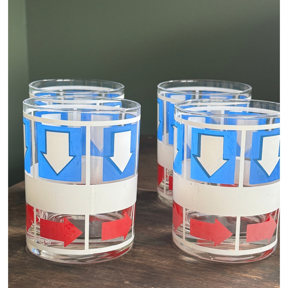 Vintage Bar-Trix Arrow Rocks Glasses Set of 4 Red Blue MCM Lowball Tumblers‎